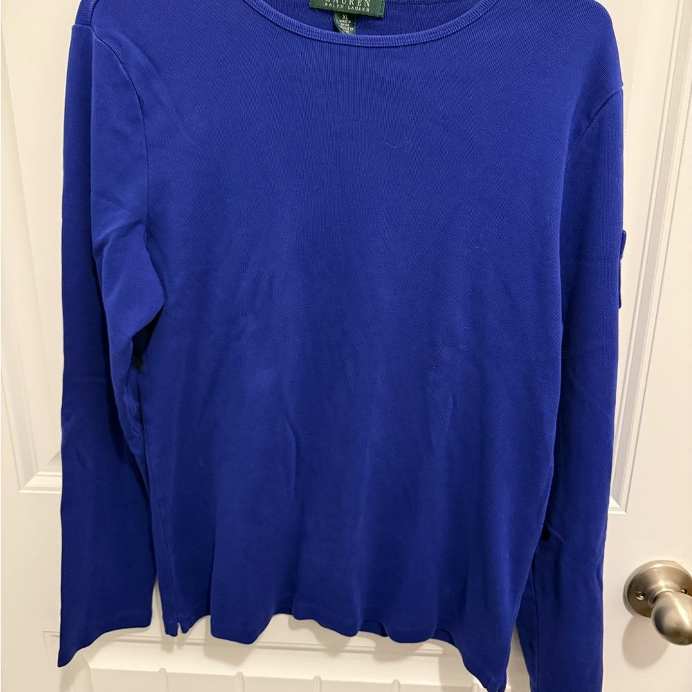 Lauren Ralph Lauren Royal Blue Ribbed Cotton Long Sleeve Top XL LRL Monogram